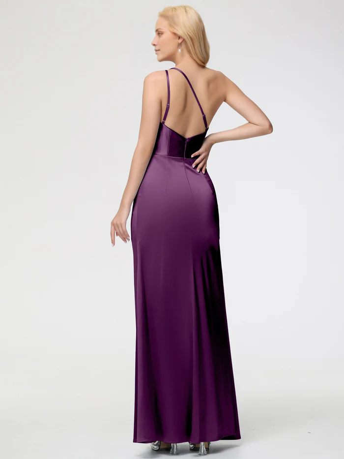 trumpet/mermaid shaped single shoulder sleeveless pleated satin slit Prom dress