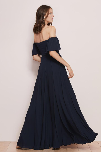 off shoulder collar sleeveless backless side slit and floor length evening dress