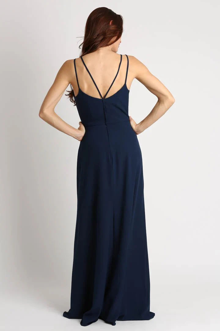 V collar off shoulder sleeveless thin shoulder strap backless and floor length evening dress