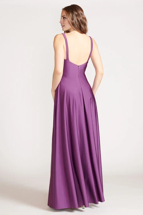 V collar off shoulder sleeveless backless side slit and floor length evening dress