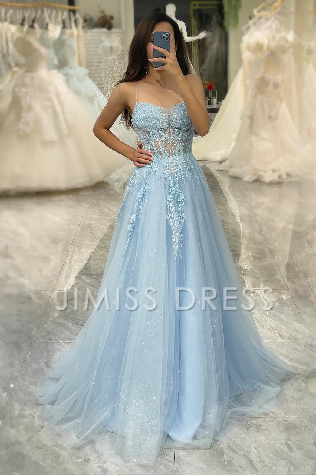 A Line Fuchsia spaghetti strap sheer long applique Prom dress