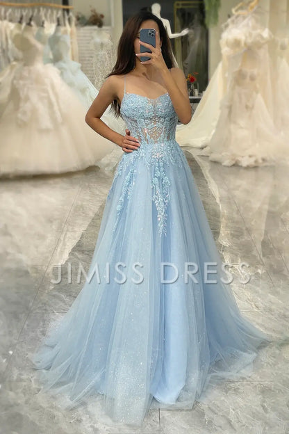 A Line Fuchsia spaghetti strap sheer long applique Prom dress