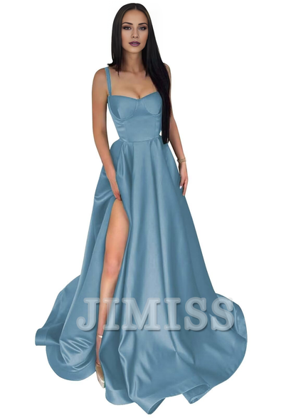 Thin shoulder strap satin ball gown with long A-line slit and pleated formal party evening gown
