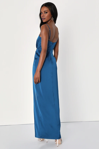 square neckline sleeveless thin shoulder strap backless side slit and floor length evening dress