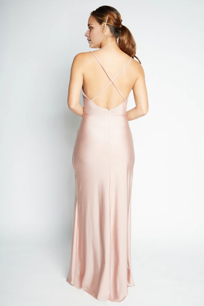 V collar off shoulder sleeveless thin shoulder strap backless side slit and floor length evening dress