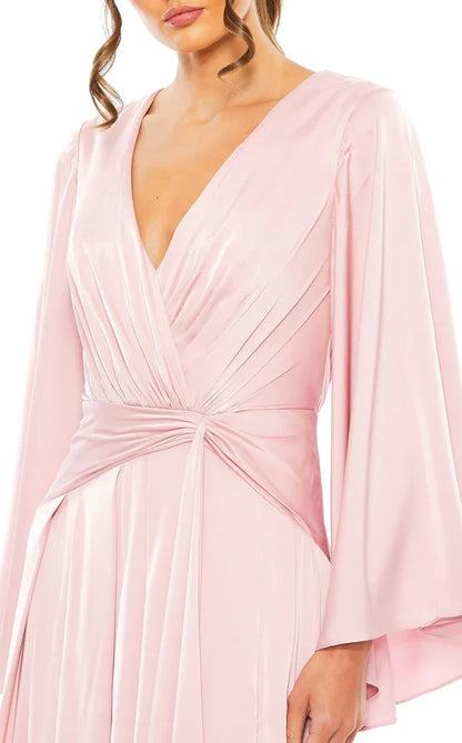 A-line V-neck flared sleeve side slit and floor length Prom dress