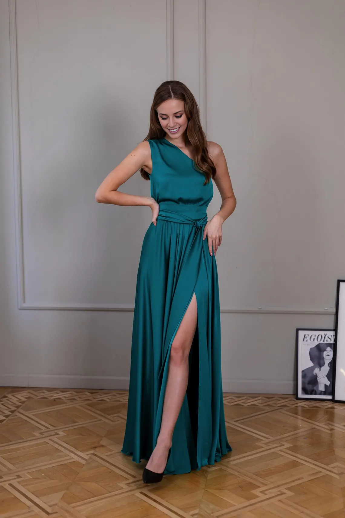 - Asymmetric collar backless satin and floor length Prom dress