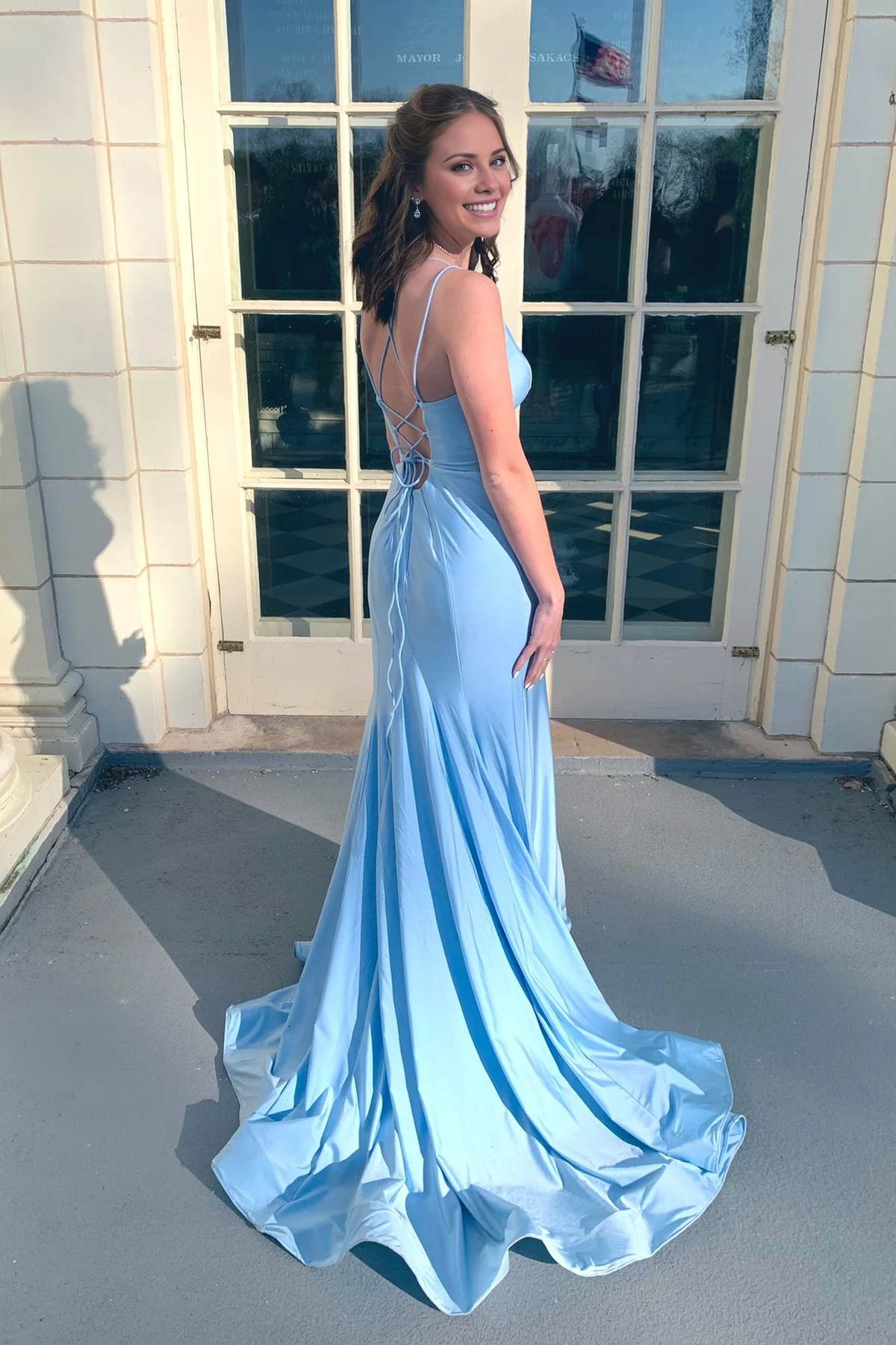 Shoulders with Blue Satin Tail Long Dress