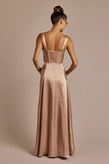 V-neck off shoulder sleeveless backless side slit and floor length Prom dress