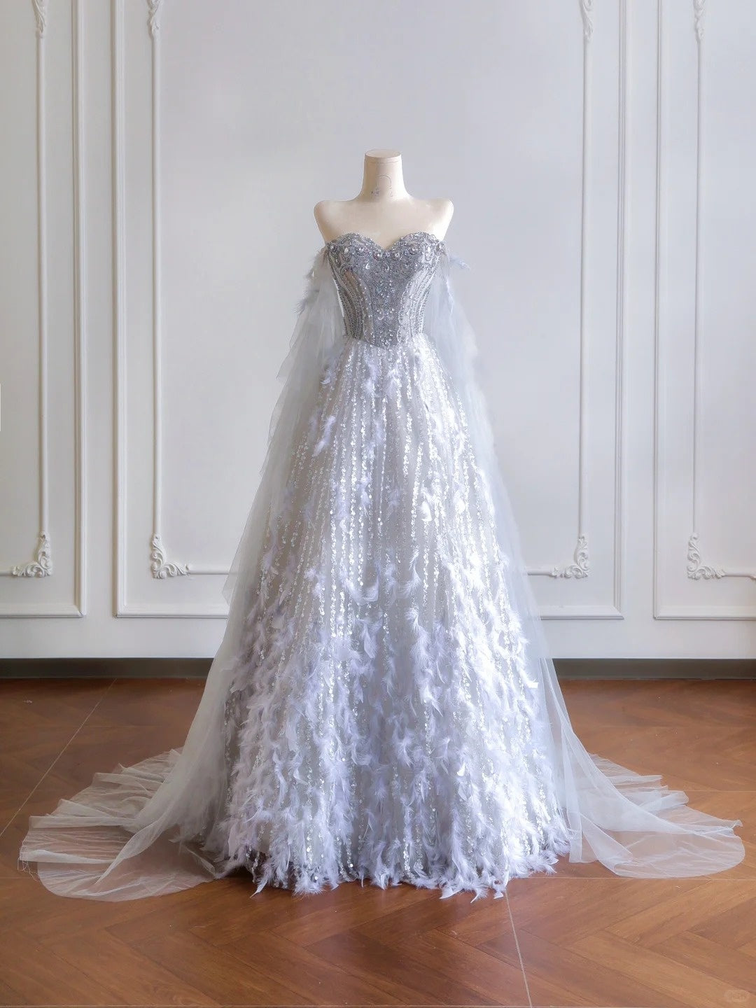 Girlhomeshops--Gray purple gorgeous feather tulle and diamond exquisite beading long tulle prom dress wedding dress gh5486