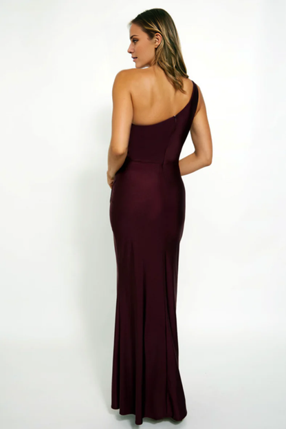 asymmetrical collar off shoulder sleeveless backless side slit and floor length evening dress