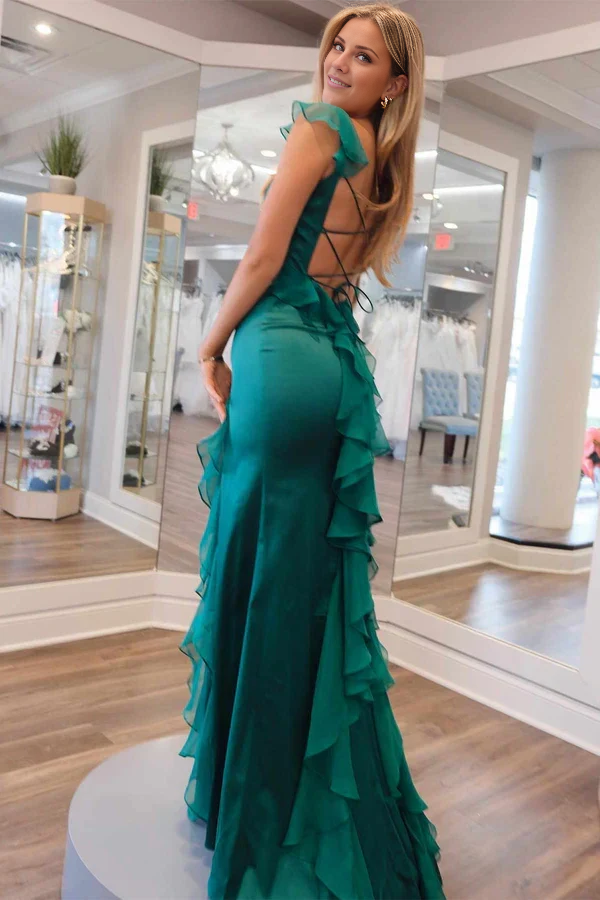 Charming Mermaid Square Neck Green Long Ruffle Prom Dress