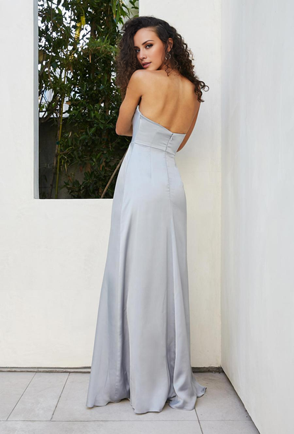 off shoulder collar sleeveless backless and floor length evening dress