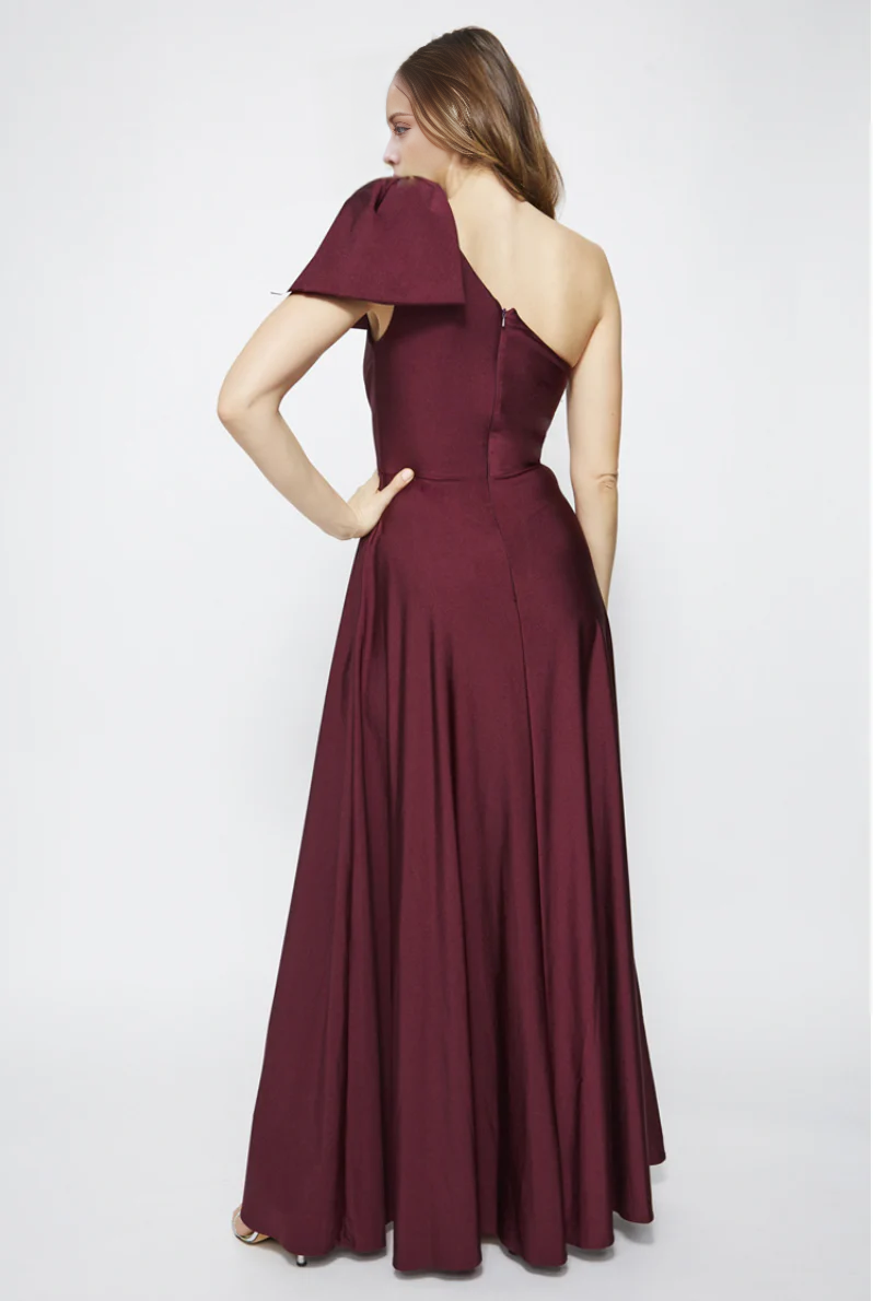 asymmetrical collar off shoulder sleeveless backless side slit and floor length Prom dress