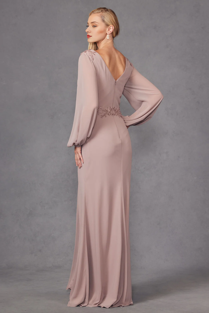 A-line slit skirt embroidered long sleeved dress