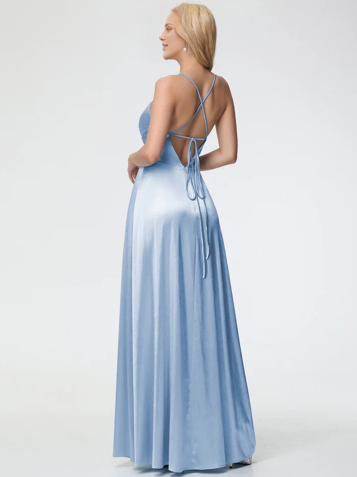thin shoulder strap V-neck pleated backless satin slit Prom dress