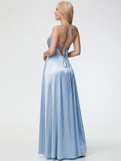 thin shoulder strap V-neck pleated backless satin slit Prom dress