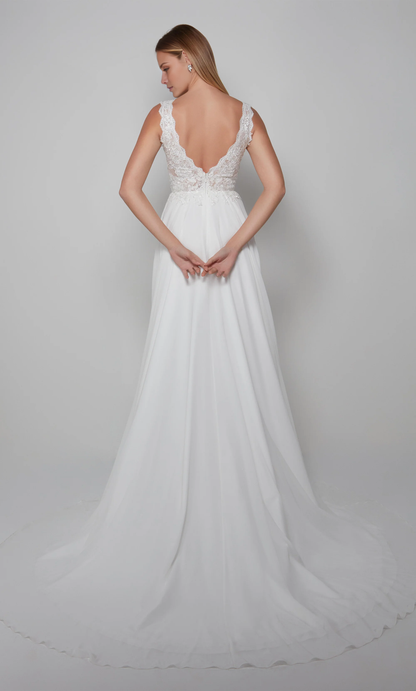 Chiffon deep V-neck A-line floral lace tight corset and floor length wedding dresses