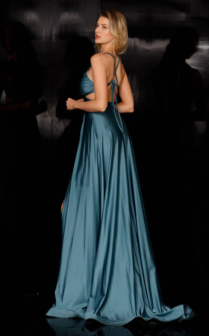 Deep V-neck backless thin shoulder strap and floor length Prom dress