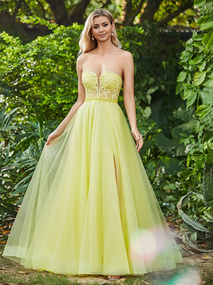 A-line slit strapless transparent adhesive bone tight sheer dress