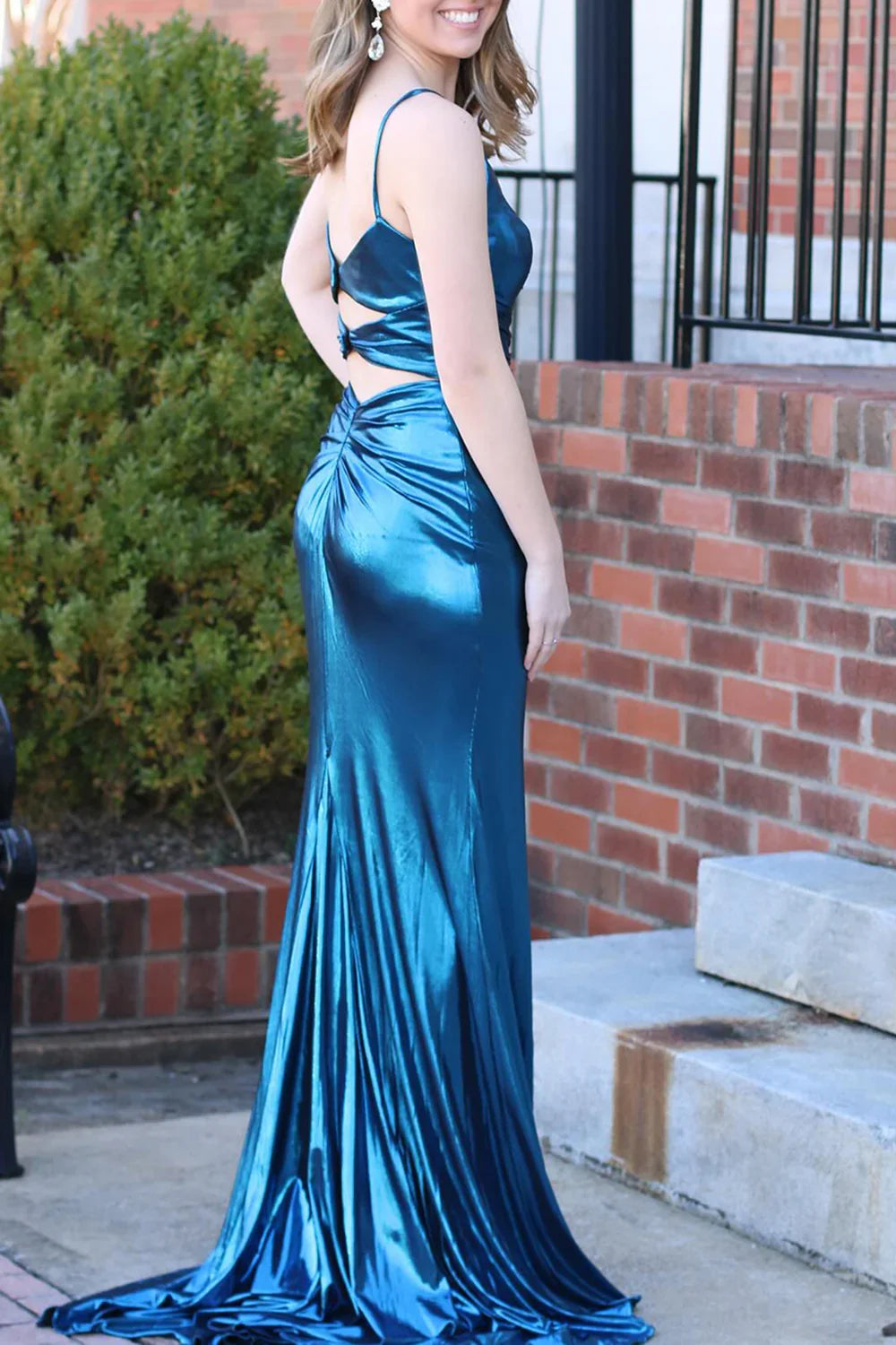 deep blue mermaid lock hole shaped back long satin slit Prom dress
