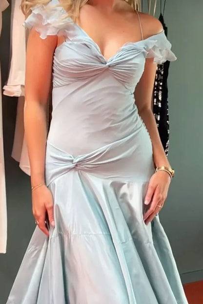Retro Style A-line Off Shoulder Grey Blue Ruffle Long Prom Dress