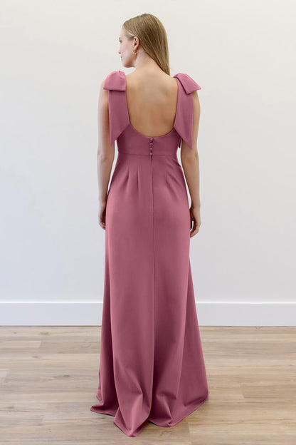 round neck sleeveless bow shoulder strap backless and floor length evening dress