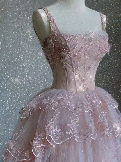 Modest Ball Gown Straps Pink Tulle Prom Dresses 22th Birthday Outfit