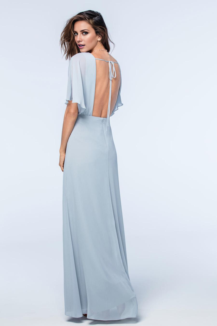 V-neck short sleeved backless side slit and floor length evening dress
