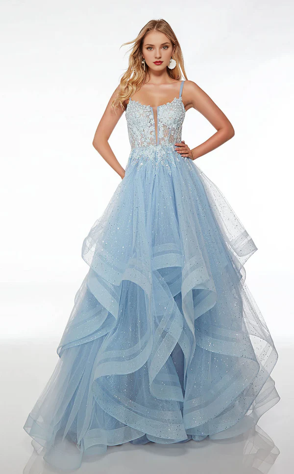 A-line square collar thin shoulder strap exposed back ruffle edge and floor length Prom dress