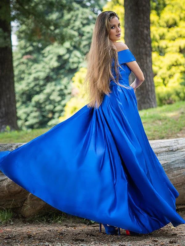 A-line/elegant ruffled satin off shoulder sleeveless and floor Prom dress
