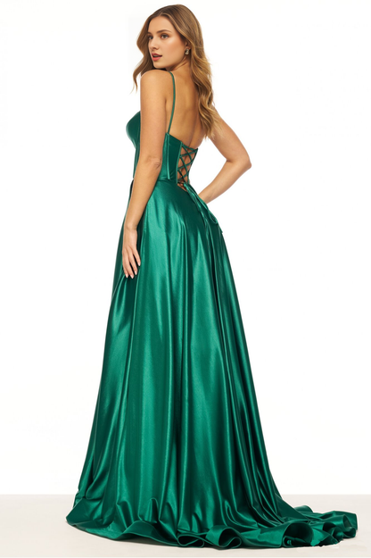 A-line tight corset with front slit back strap and floor length Prom dress