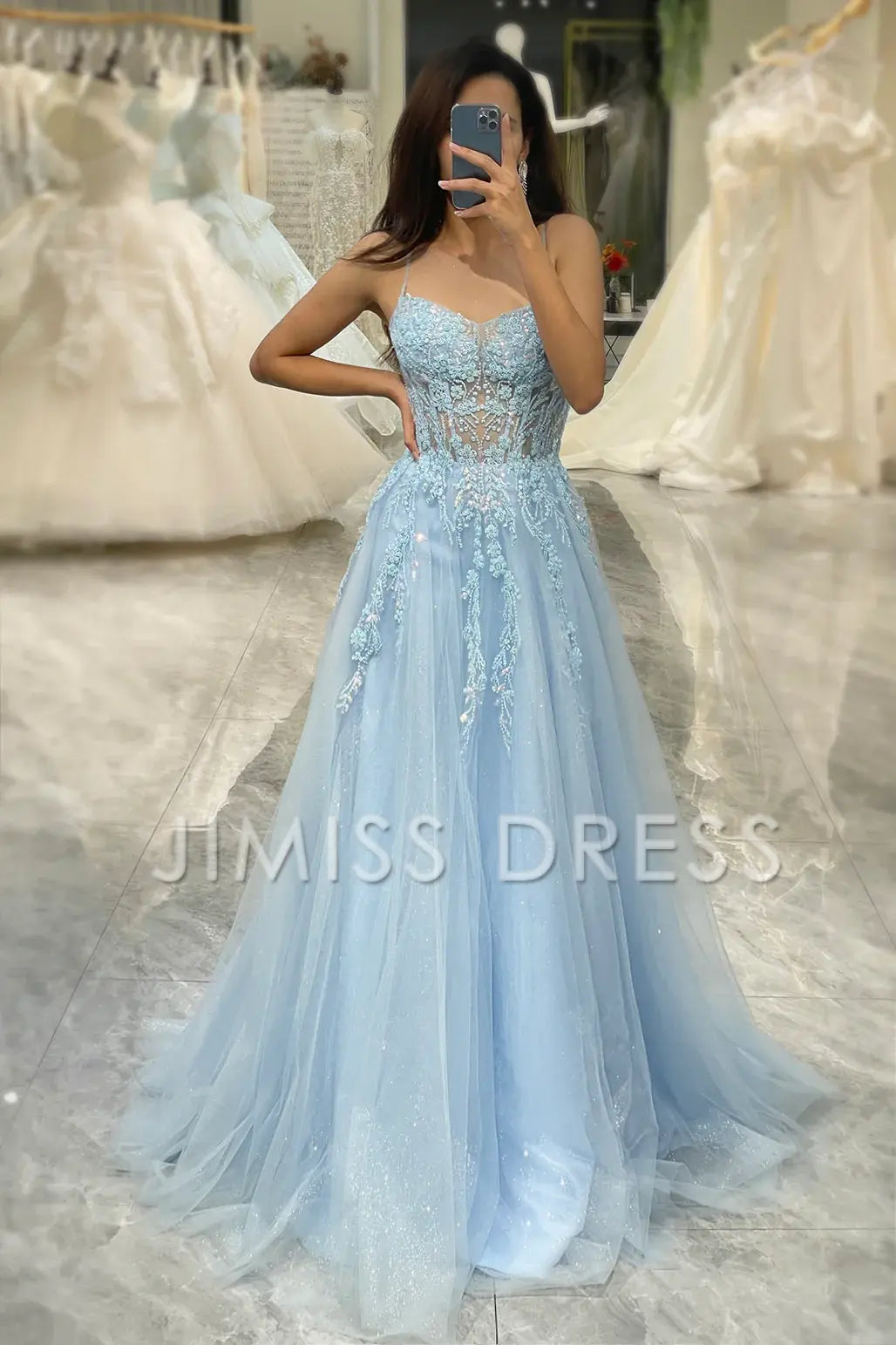 A Line Fuchsia spaghetti strap sheer long applique Prom dress