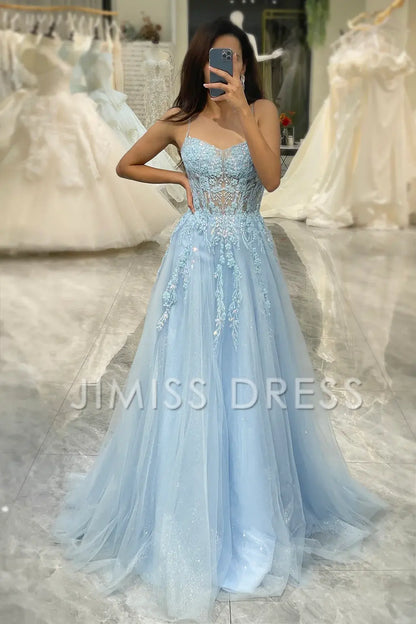 A Line Fuchsia spaghetti strap sheer long applique Prom dress