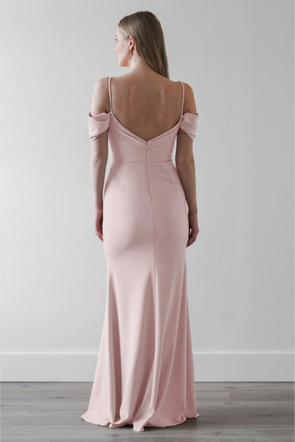 slim shoulder strap with exposed back zipper and floor length evening dress