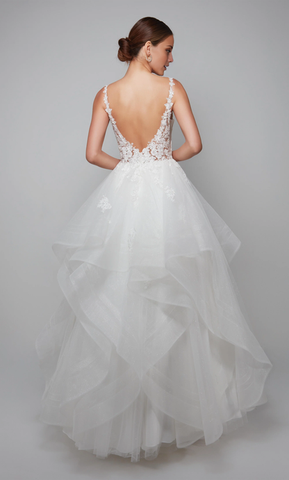 Chiffon lace deep V-neck floral decals and floor length wedding dresses