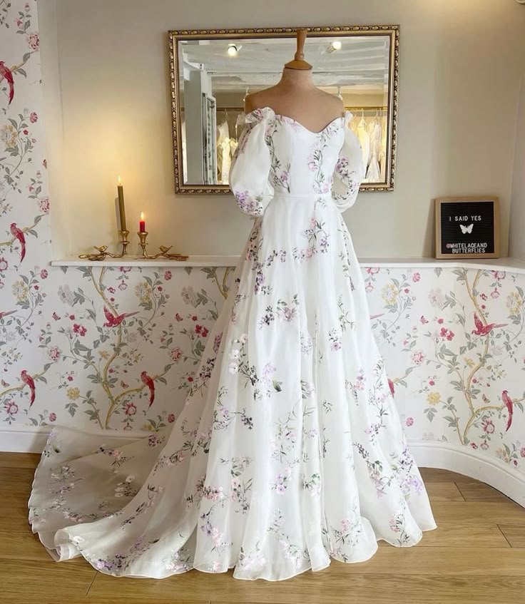 Women s Floral Print Wedding Dresses Off the Shoulder Bridal Gowns Beach Sweep Train Bridal Gown