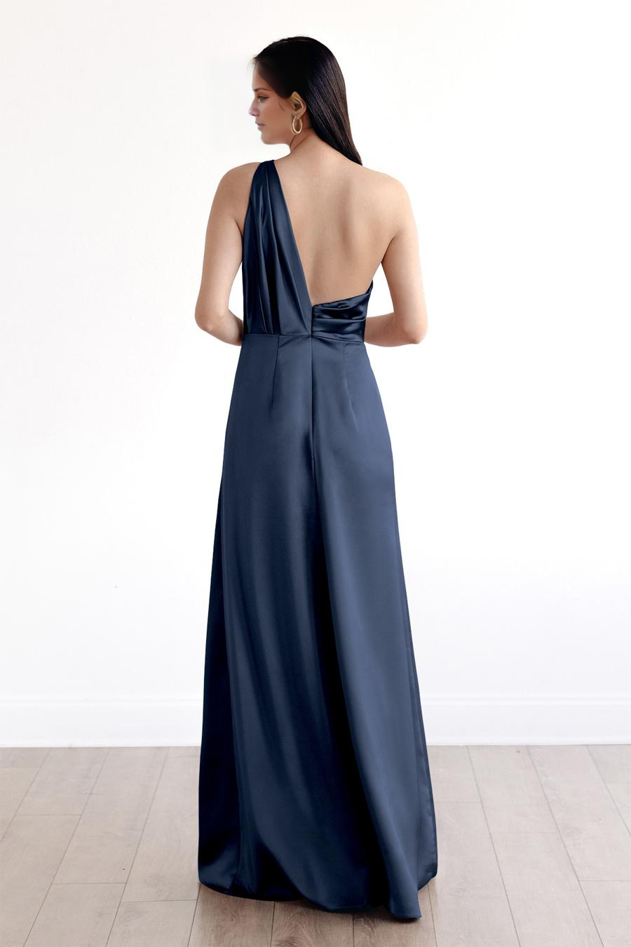 asymmetrical neckline off shoulder pleats backless and floor length evening dress