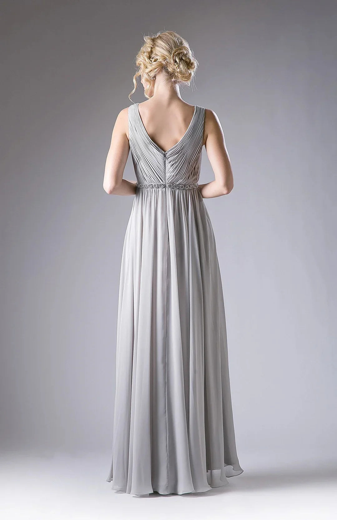 A-line pleated long V-neck chiffon dress