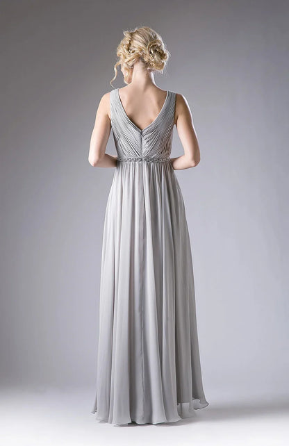 A-line pleated long V-neck chiffon dress
