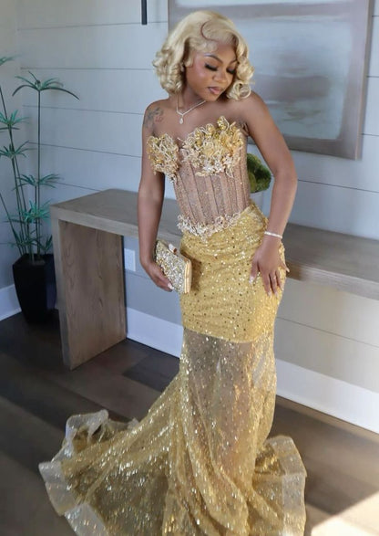 Gold Mermaid Prom Dress Evening Formal Party Birthday Engagement Gowns