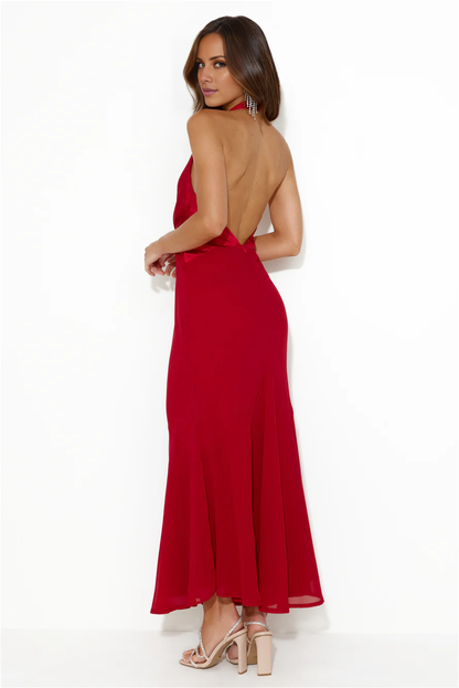 deep V-neck hanging satin backless long Prom dress
