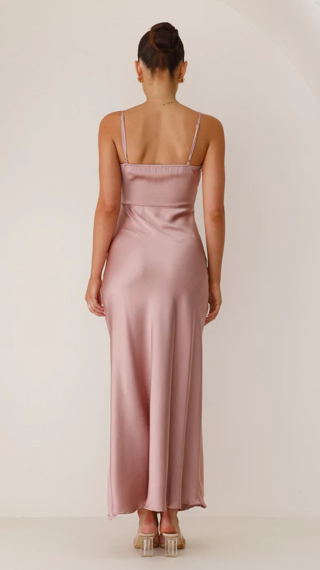 square neckline thin shoulder strap backless side slit and floor length Prom dress