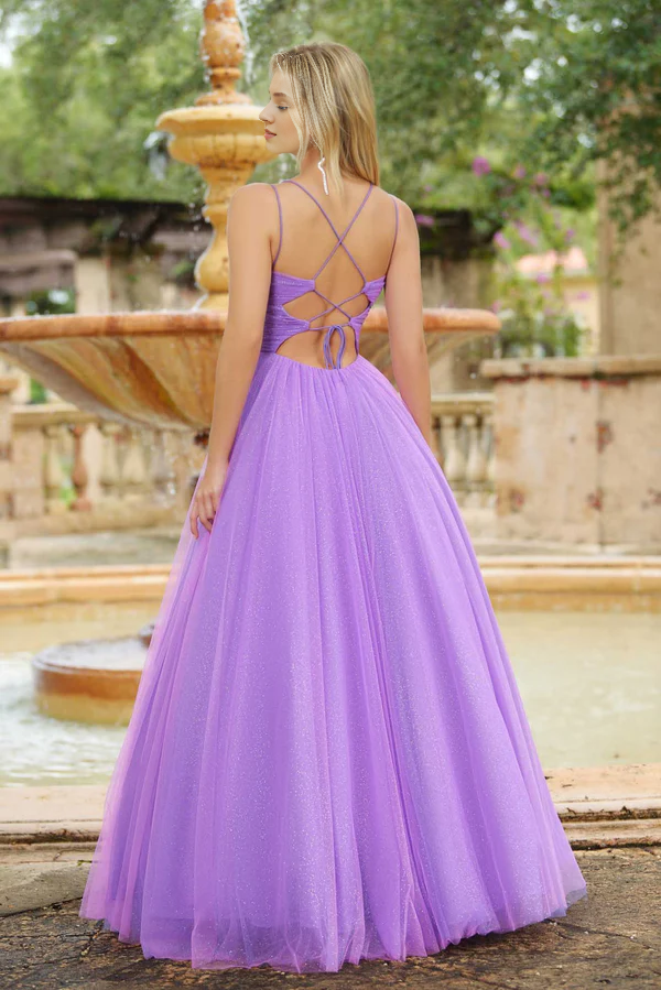 Thin shoulder strap deep V-neck wrap and floor length Prom dress