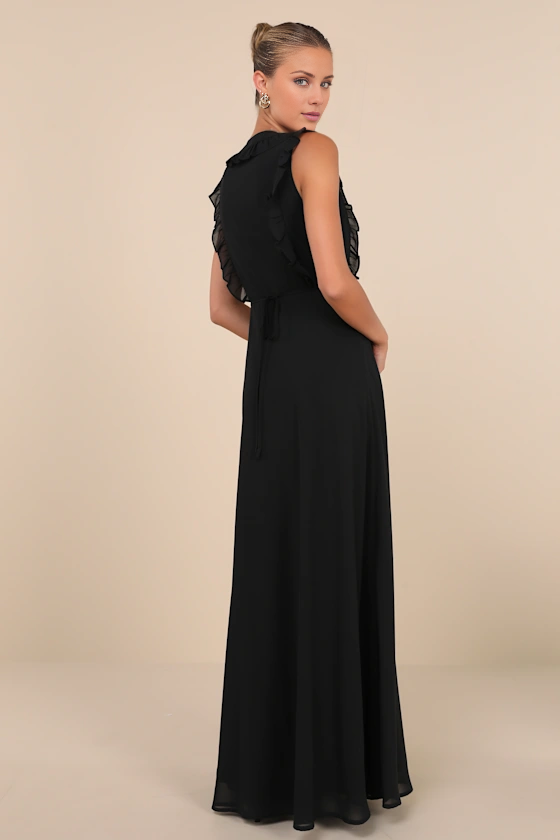 A-line V-neck sleeveless ruffle and floor length evening dress