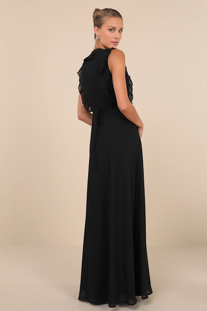 A-line V-neck sleeveless ruffle and floor length evening dress