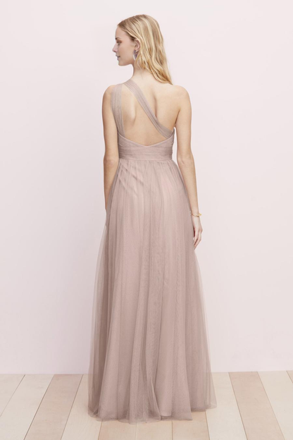 asymmetrical neckline off shoulder sleeveless backless sheer and floor length evening dress