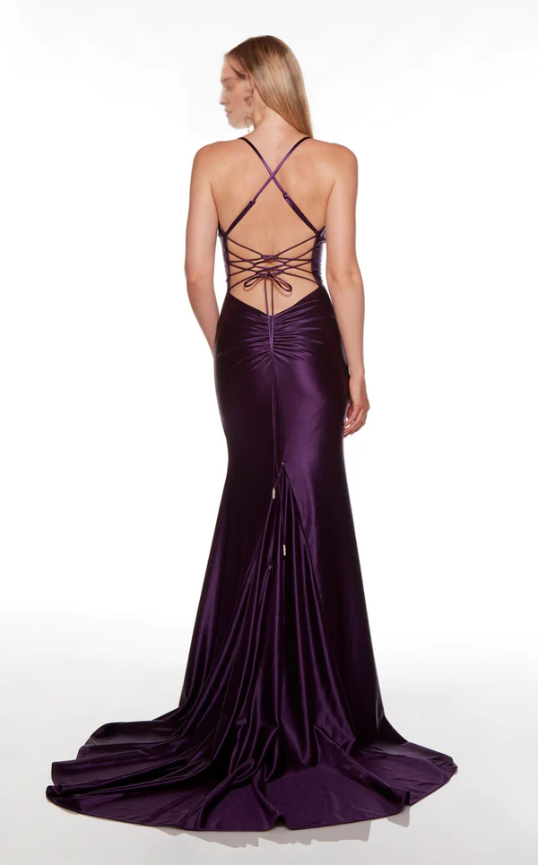 Thin shoulder strap V-neck satin backless high slit and floor length Prom dress