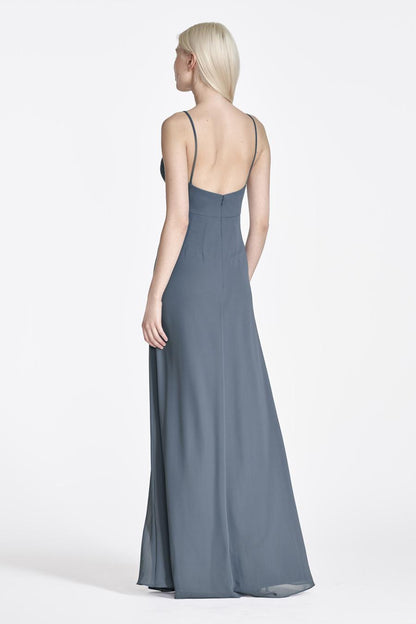 V-neck sleeveless off shoulder thin shoulder strap, backless and floor length evening dress