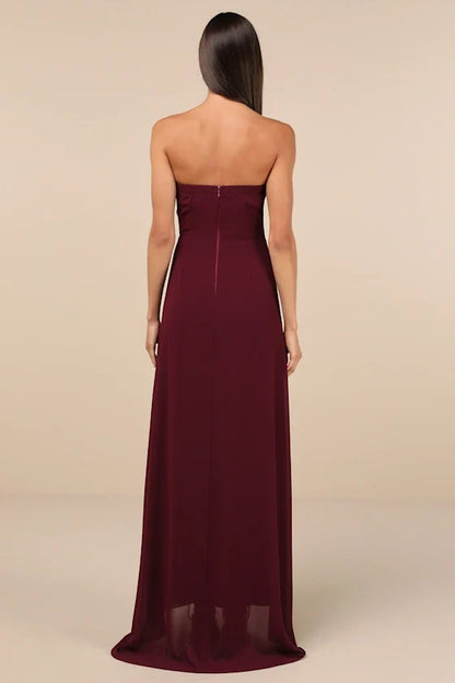 off shoulder collar sleeveless strapless backless side slit and floor length evening dress